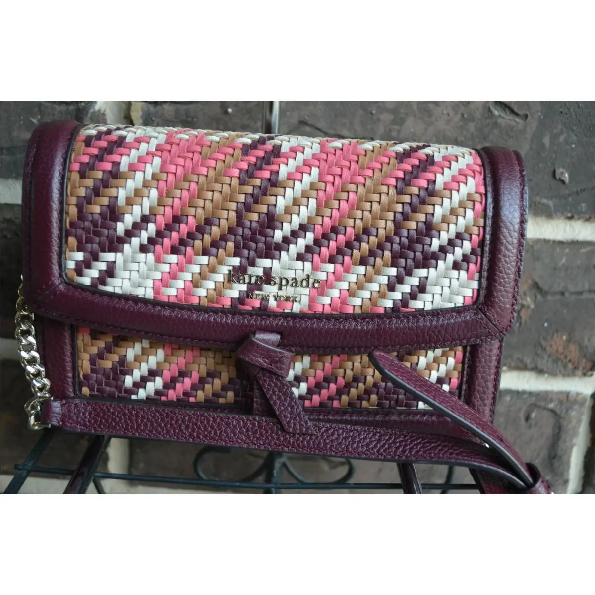 Kate Spade Knott Woven Flap Crossbody Multi Pink Purple Brown White