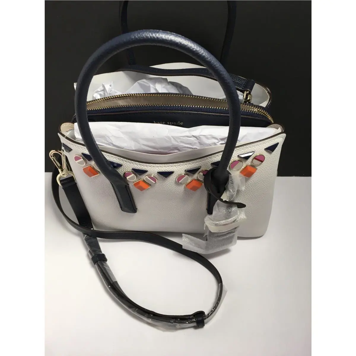 Kate Spade Margaux Jeweled Medium Leather Purse White Navy