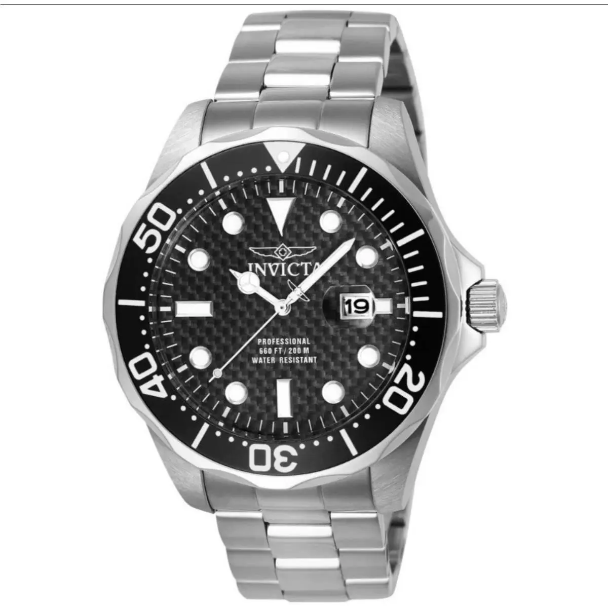 Invicta Men`s Watch Pro Diver Silver SS Bracelet Black Carbon Fiber Dial 12562