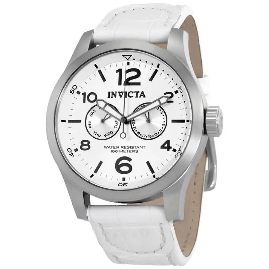 Invicta Specialty Silver Dial White Leather Men`s Watch 12170 - Dial: Silver, Band: White, Bezel: Silver-tone