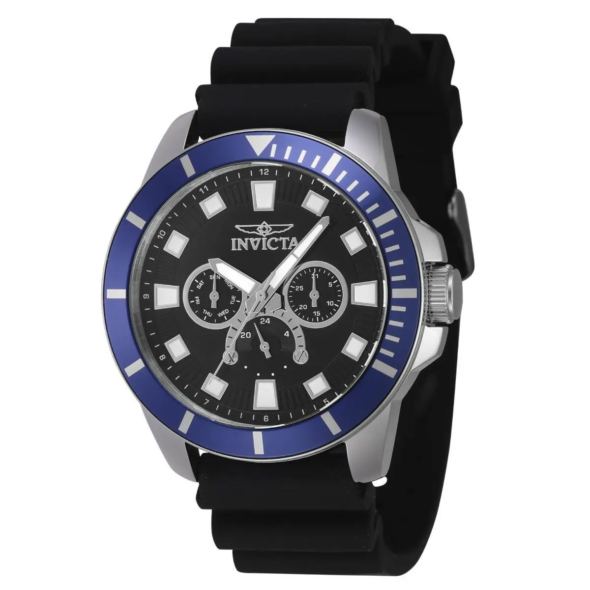 Invicta Men`s Pro Diver Blue Bezel Black Dial 45mm Day Date 24hr Watch 46927 - Dial: Black, Band: Black, Bezel: Blue