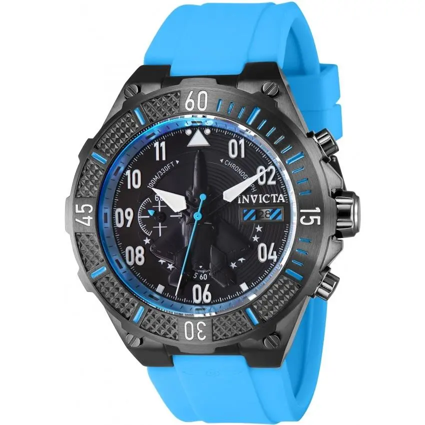 Invicta Aviator Chronograph Date Quartz Black Dial Men`s Watch 39898 - Dial: Black, Band: Blue, Bezel: Gunmetal
