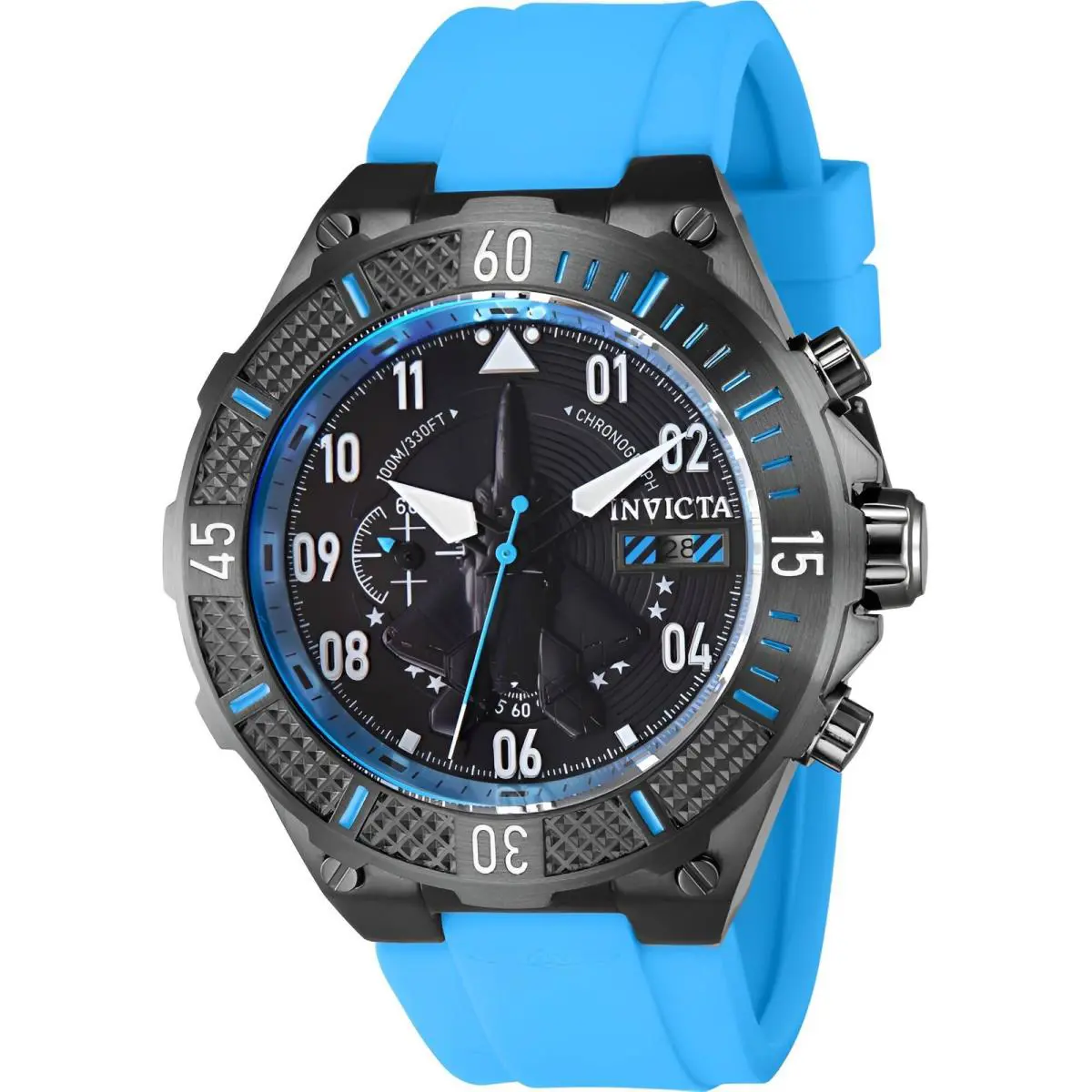 Invicta Men`s Watch Aviator Quartz Chrono Black Dial Blue Silicone Strap 39898