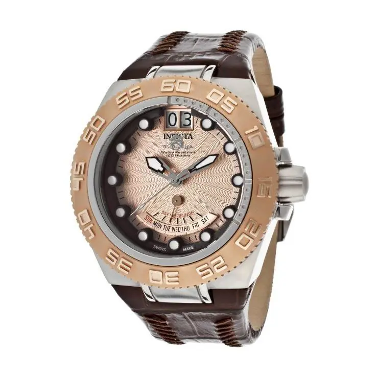 Swiss Made Invicta 10875 Subaqua Retrograde Date Rose Gold Tone Dial Mens Watch - Dial: Rose Gold, Band: Brown