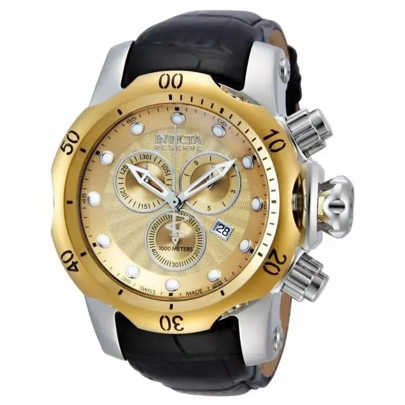 Swiss Made Invicta 10819 Reserve Venom Chronograph Gold Dial Two-tone Mens Watch - Dial: Yellow Gold, Band: Black, Bezel: Gold