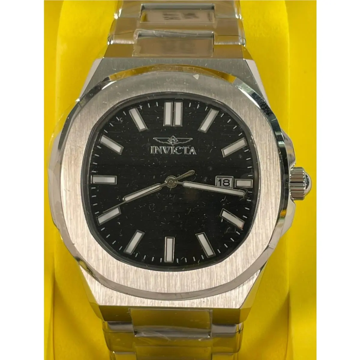 Invicta Mens Stainless Steel Black Dial Watch Model 48319 with Box - Silver, Dial: Black, Band: Silver
