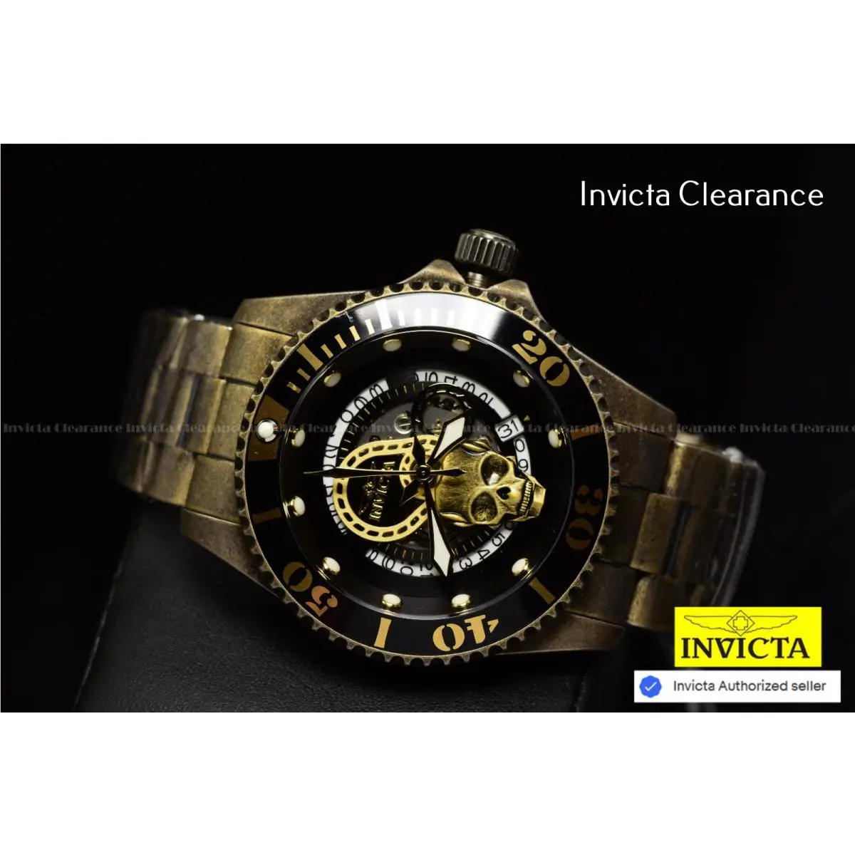 Invicta 46678 Pro Diver Automatic Skull Dial Watch Antique Gold Steel 43MM