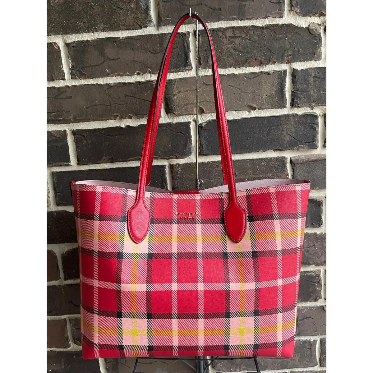 Kate Spade Bleecker Museum Plaid Printed Pvc Large Tote Bag KD642 Pink Red