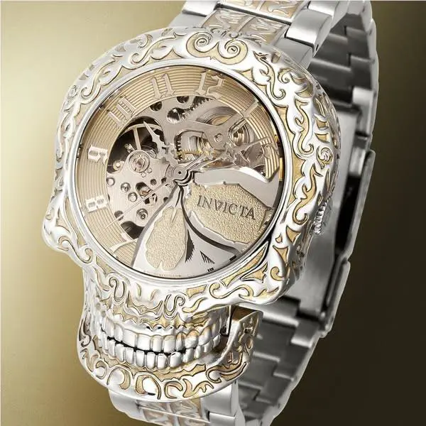 Invicta Mens 43mm Artist Movable Jaw Skull Automatic Gold Silver Dial Watch