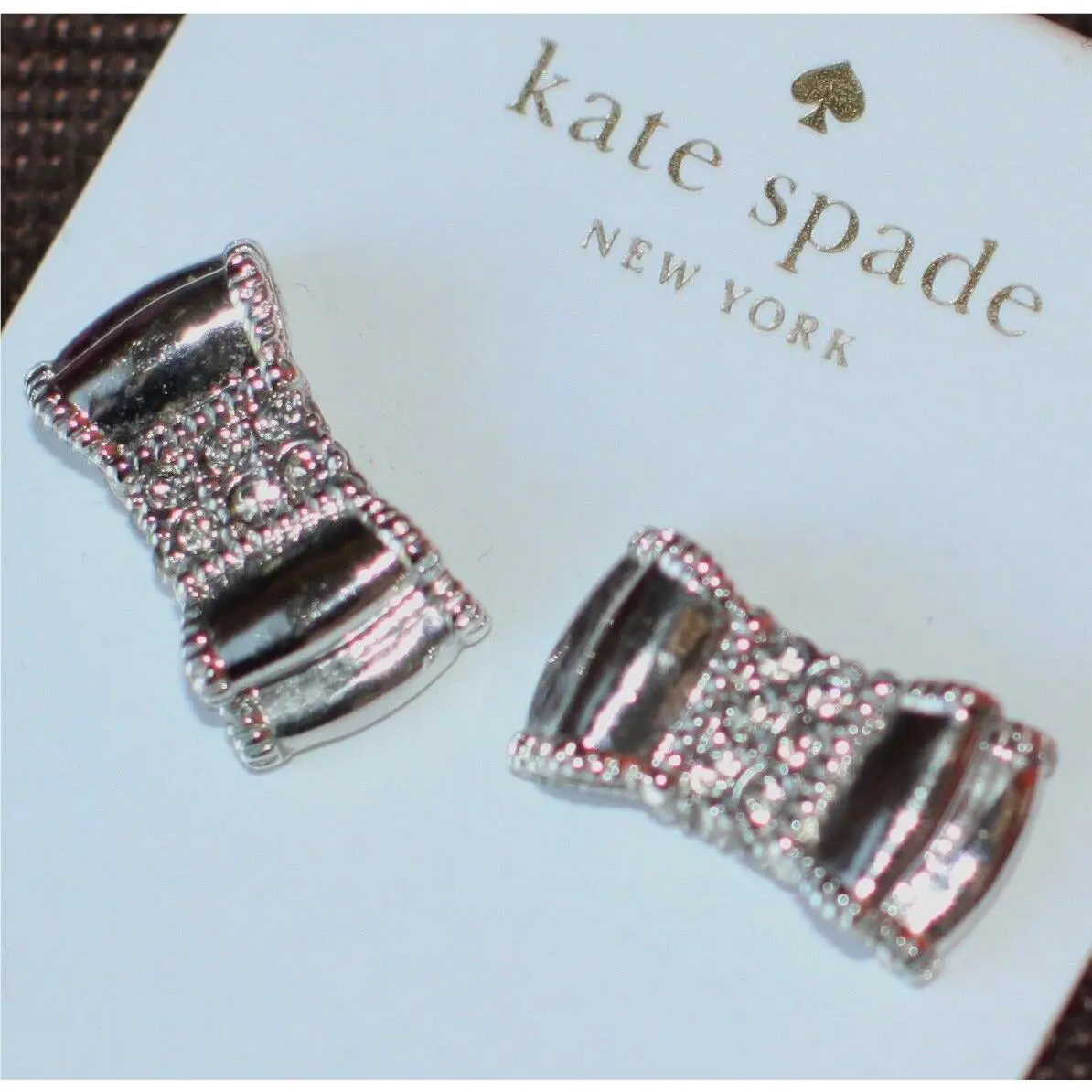 New York Moon River Silver Bow Stud Earrings Pave Crystal Rhodium by Kate Spade