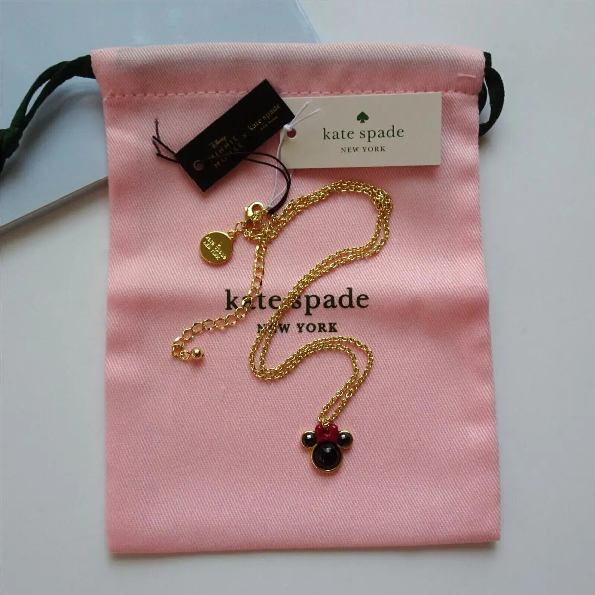New Disney x Kate Spade Minnie Mouse Necklace Pendant Goldtone Dust Bag Novelty