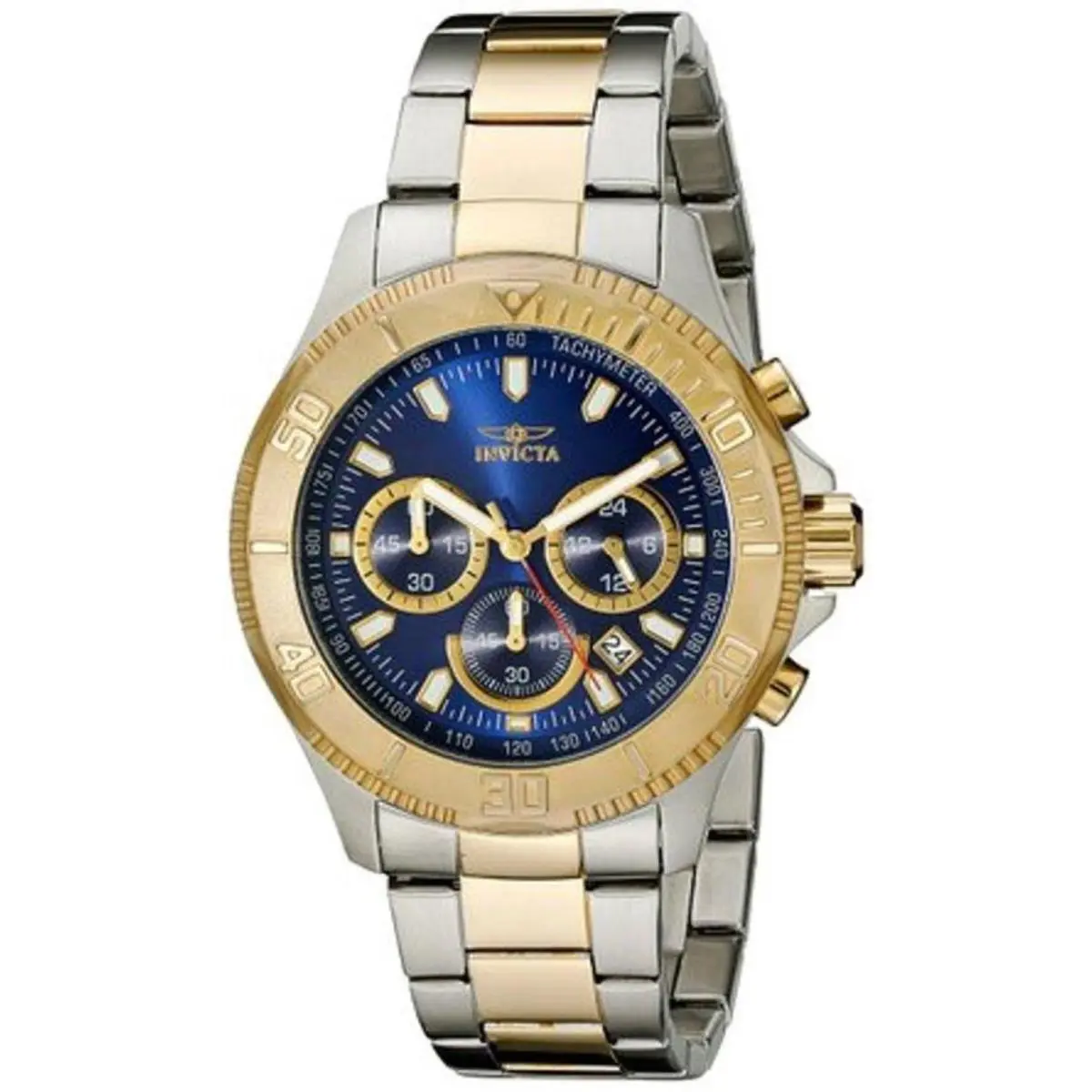 Invicta 17362 Pro Diver Chronograph Tachymeter Date Stainless Steel Mens Watch - Face: Blue, Dial: Blue, Band: Gold, Silver