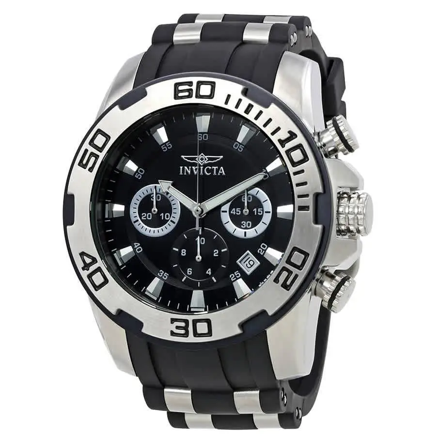 Invicta Men`s Watch Pro Diver Date Scuba Chrono Black Dial Two Tone Strap 22311 - Black, Dial: Black, Band: Silver, Black