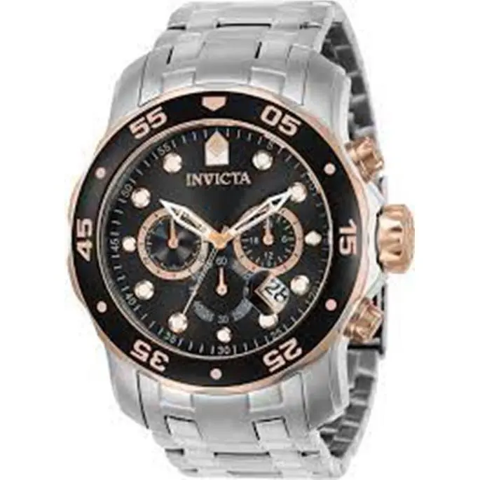 Invicta Men`s 80036 Pro Diver Chronograph Black Dial Stainless Steel Watch - Black, Dial: Black, Band: Silver