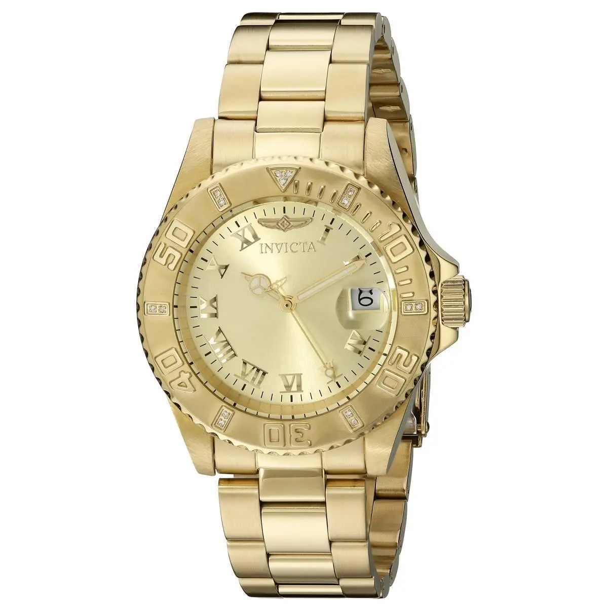 Invicta 12820 Lady`s Diamond Accented Bezel Gold Dial Dive Watch