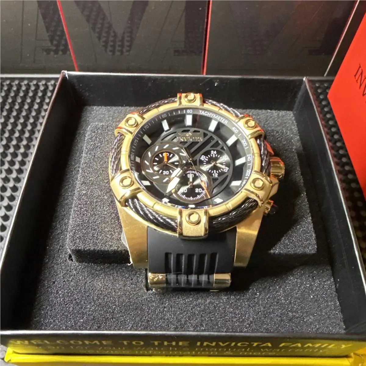 Invicta Bolt Girdex Chrono Black and Gold Dial and Rubber Strap 26818 - Dial: Black, Gold, Band: Black, Gold, Bezel: Black, Gold