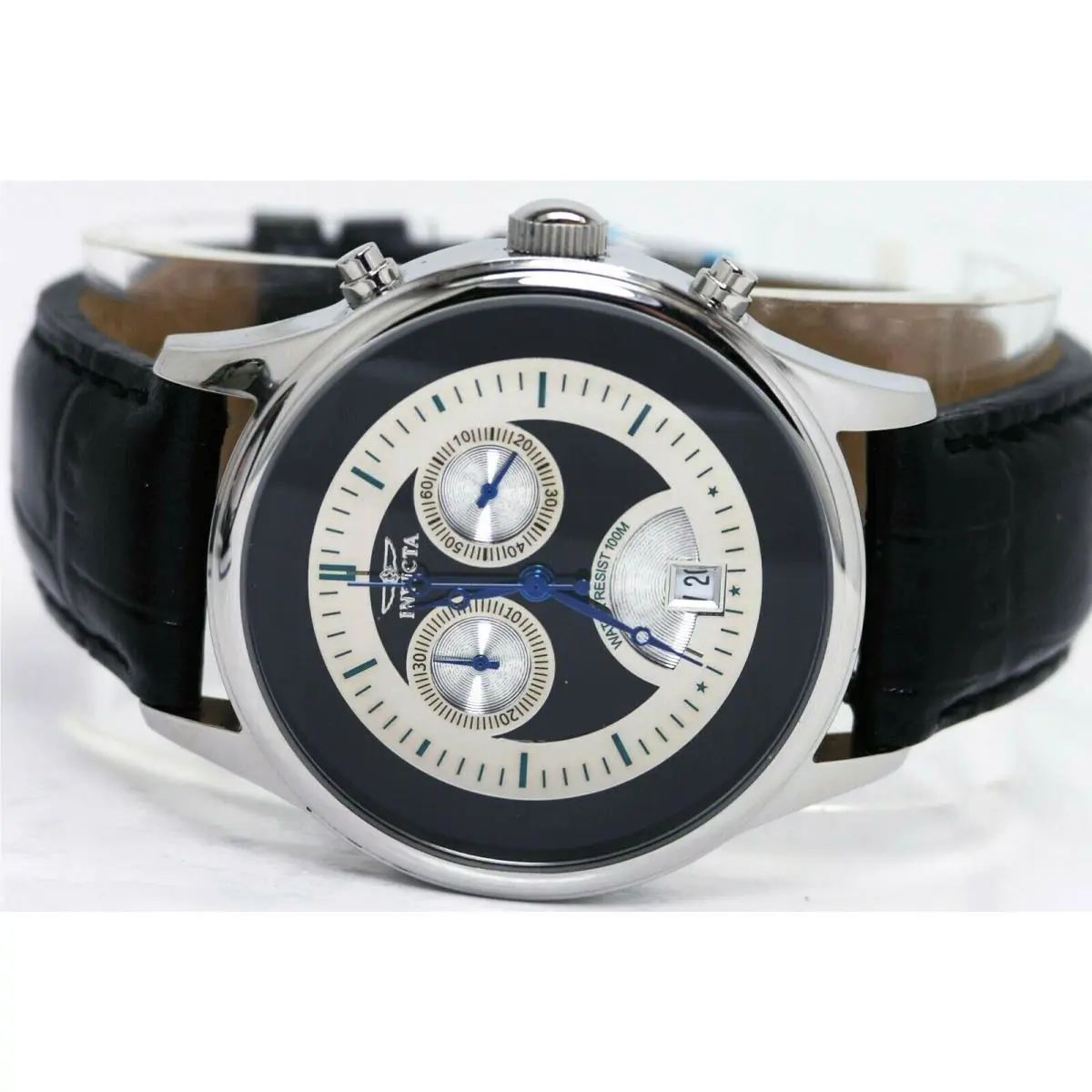 Invicta 3312 Swiss Chronograph Silver Black Dial Leather Steel Watch
