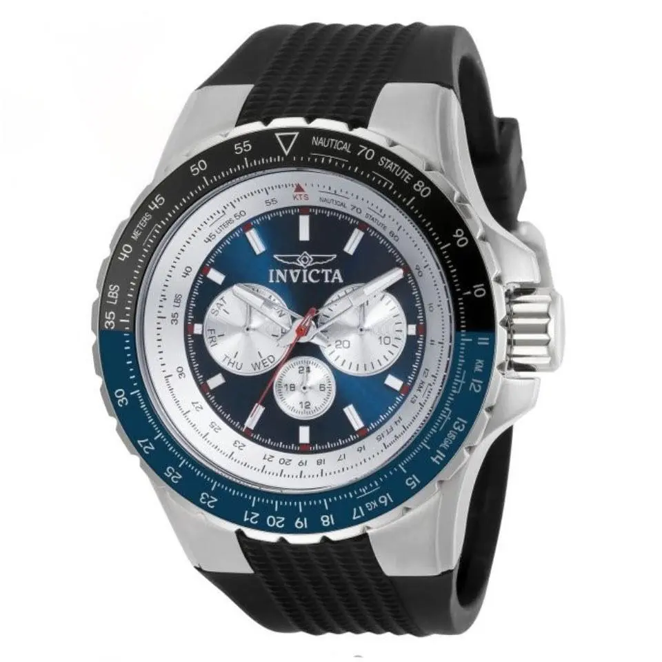 Invicta Aviator Skyshock Men`s 50mm Watch Silver Black Blue Silicone Band 32916