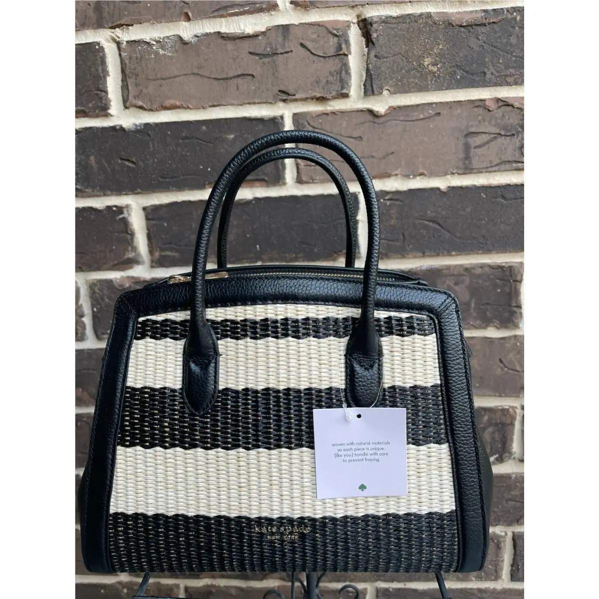 Kate Spade Knott Striped Straw Leather Medium Satchel Black Multi