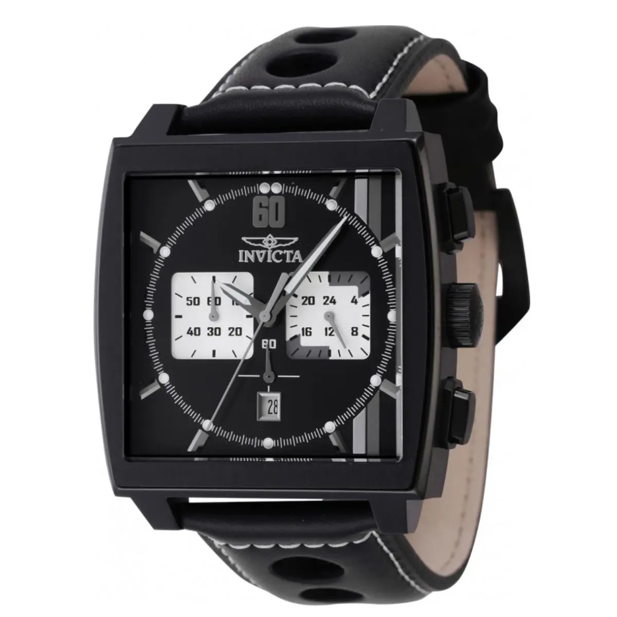 Invicta S1 Rally Cuadro Monaco Men`s 45mm Gmt Black Leather Chrono Watch 46853 - Dial: Black, Gray, Silver, White, Band: Black, Bezel: Black