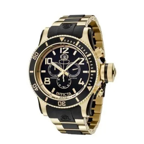 Invicta Men 6633 Russian Diver Collection Chrono Gold-plated Two-tone Watch - Dial: Black, Band: Black, Gold, Bezel: Black