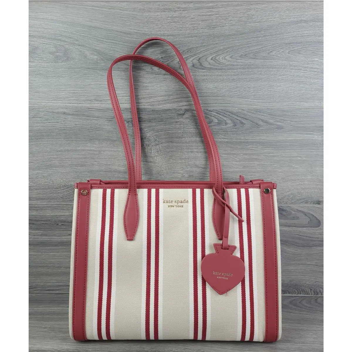 Kate Spade Tote Striped Canvas Medium Handbag Red Jasper Multi