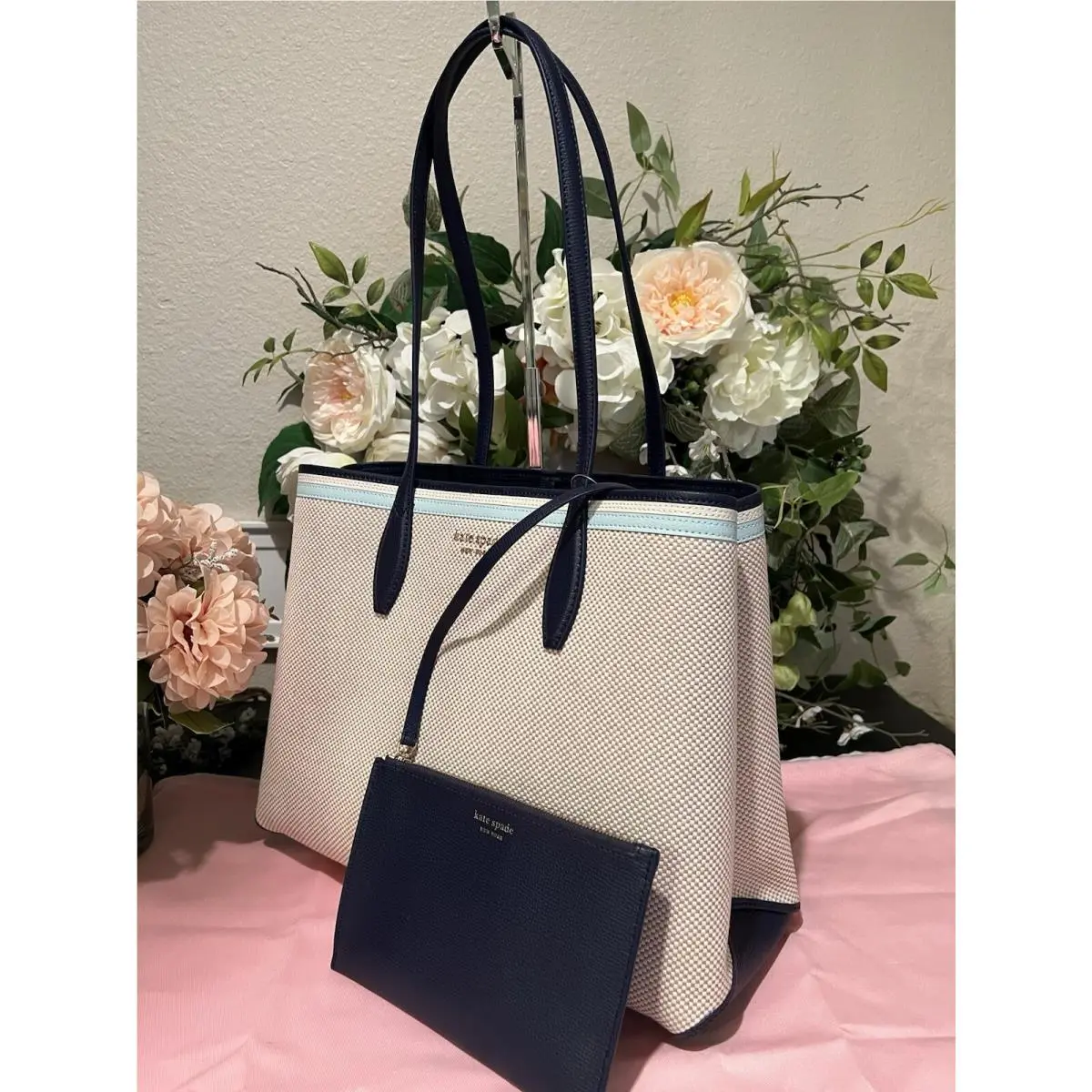 Kate Spade Leather/canvas Large Tote/shopper/shoulder Bag W/wristlet-blue/beige
