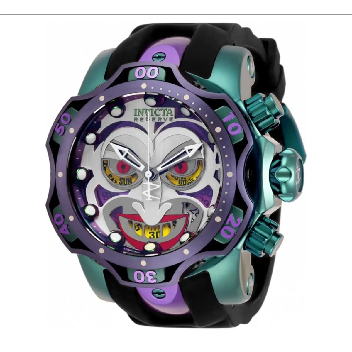 Invicta Reserve DC Comics Joker Swiss Quartz Chrono Strap Limited Watch26950 - Dial: Green, Purple, Red, Silver, Band: Black, Bezel: Black, Green, Purple