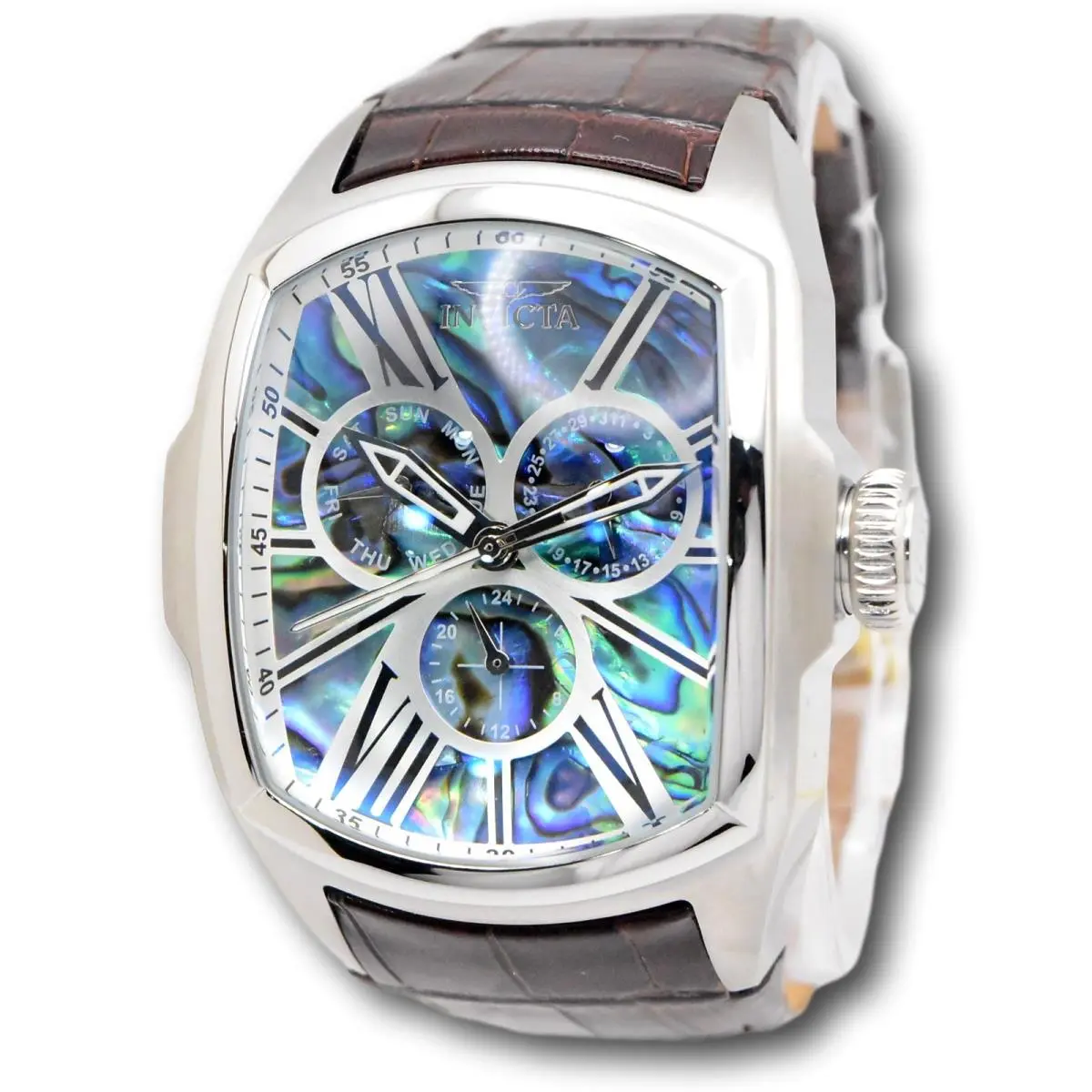 Invicta Lupah Mens 47mm Abalone Dial Gmt Day/date Quartz Watch 45628 Brown Strap - Dial: Black, Blue, Green, Multicolor, Silver, Band: Brown, Bezel: Silver