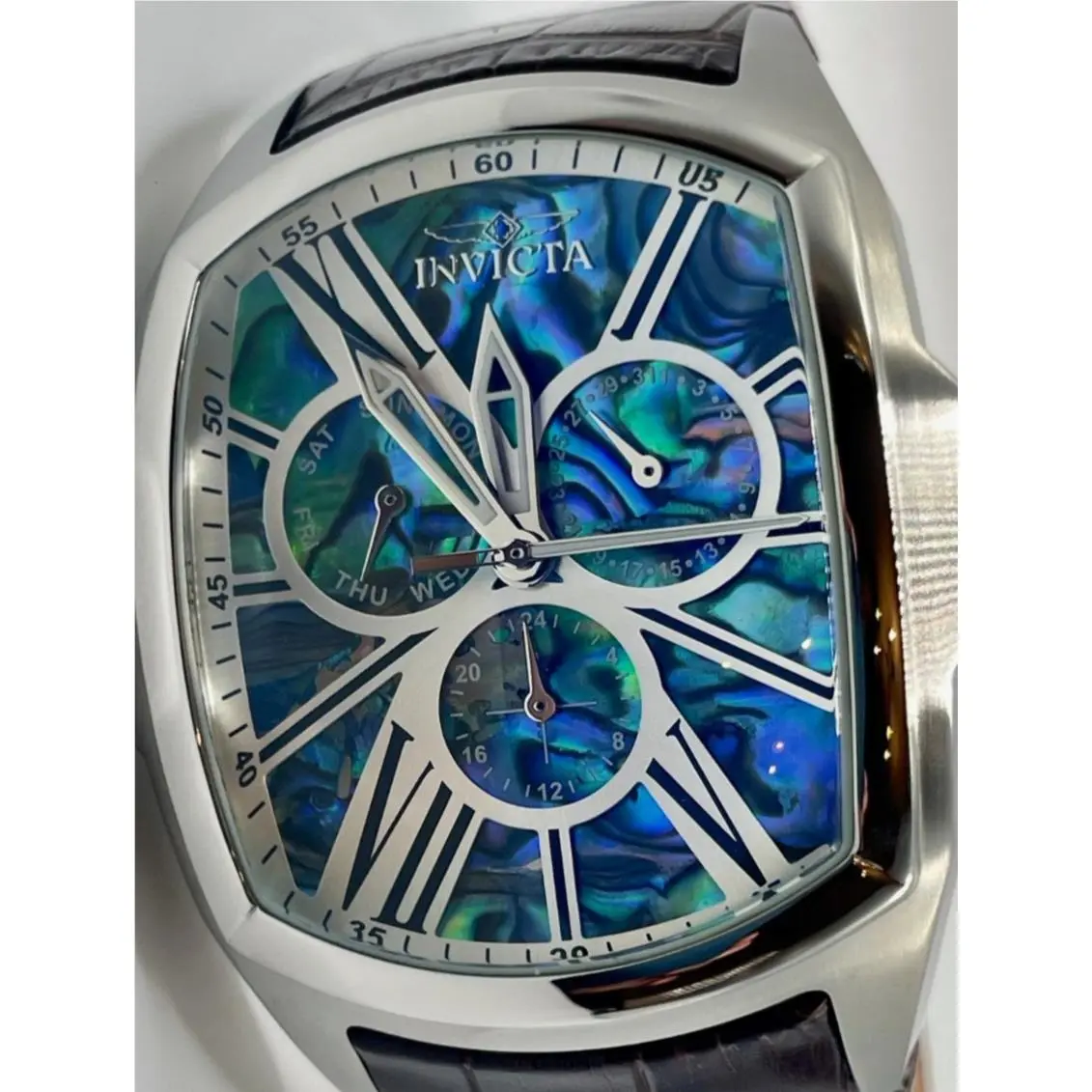 Invicta Lupah Men`s Watch w/ Abalone Dial - 46.8mm. Brown 45628 - Dial: Blue, Silver, Band: Brown, Bezel: Silver