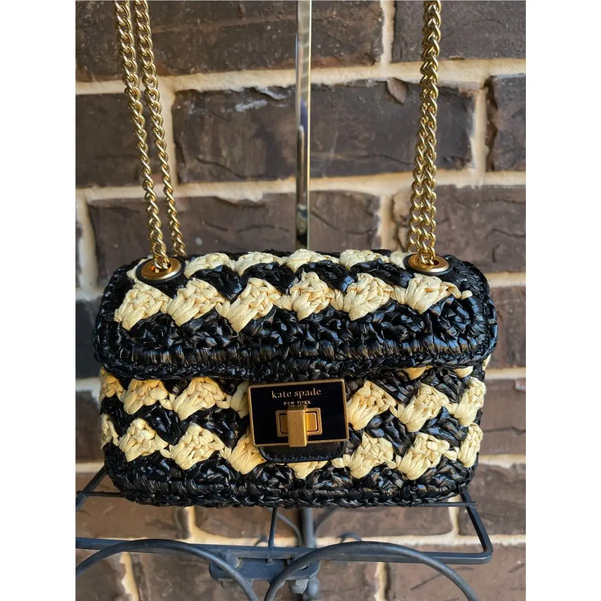 Evelyn Mini Raffia Shoulder Crossbody Black Yellow by Kate Spade