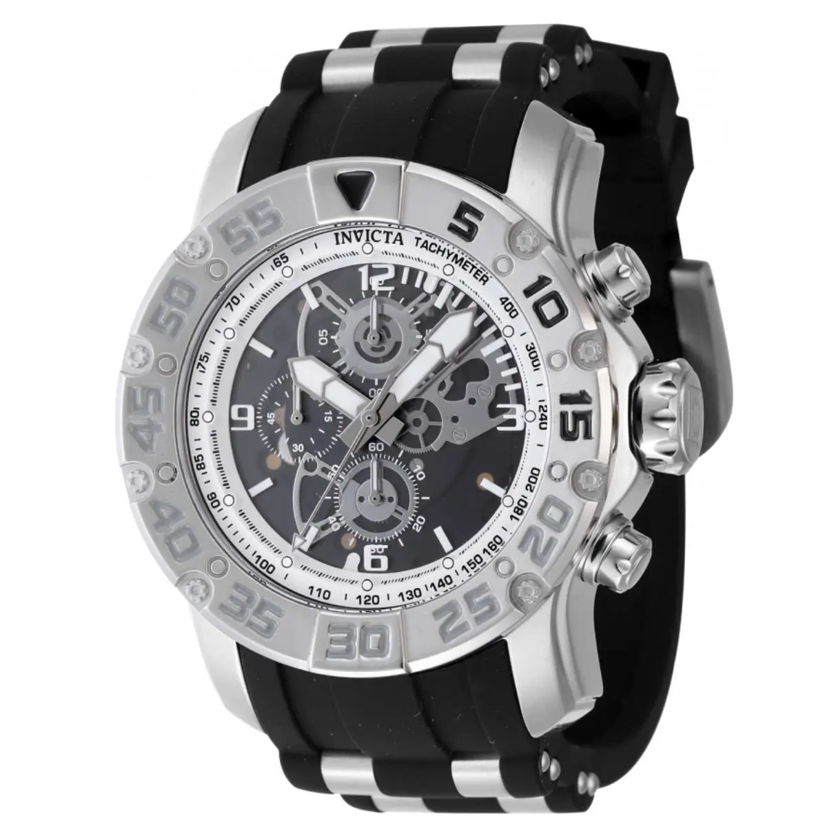 Invicta Racing JM Limited Men`s 48mm Silver Quartz Skeleton Chrono Watch 48060 - Dial: Black, Clear, Gray, Silver, Band: Black, Bezel: Black, Gray, Silver