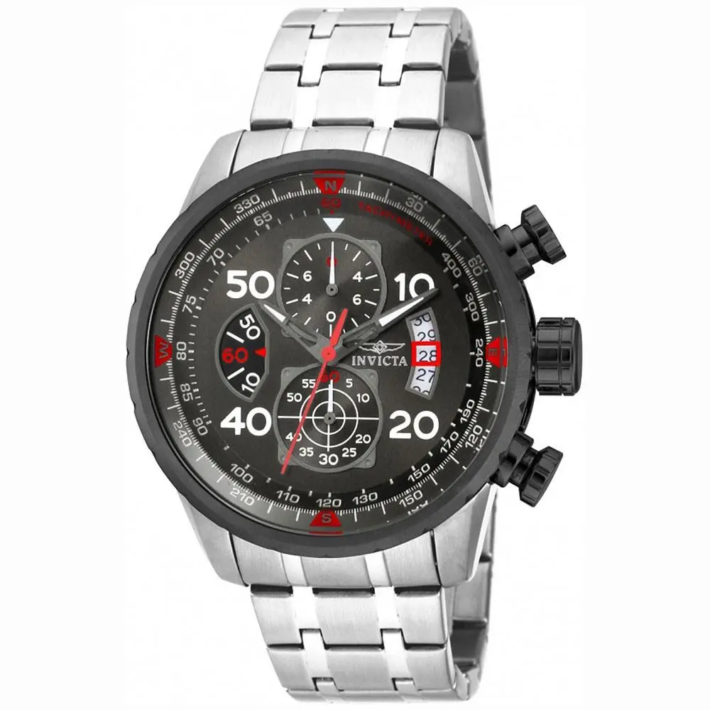 Invicta Men`s Watch Aviator Chronograph Quartz Stainless Steel Bracelet 17204 - Dial: Black, Band: Silver