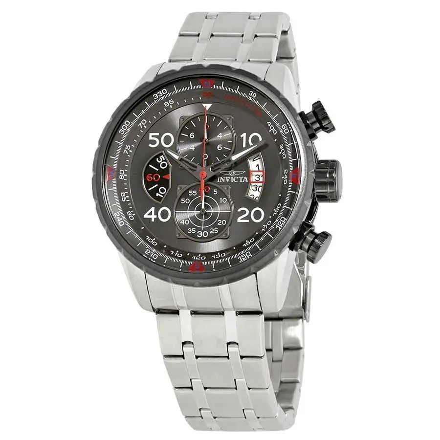 Invicta Aviator Chronograph Dark Grey Dial Men`s Watch 17204 - Dial: Dark Grey, Band: Silver-tone, Bezel: Silver-tone