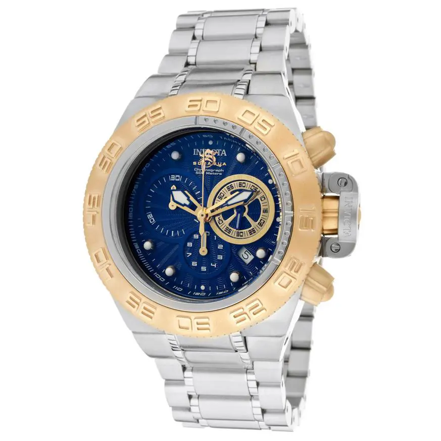 Invicta 10147 Subaqua Noma IV Sport Chronograph 18k Gold-tone SS Men`s Watch - Dial: Blue, Band: Silver, Bezel: Gold