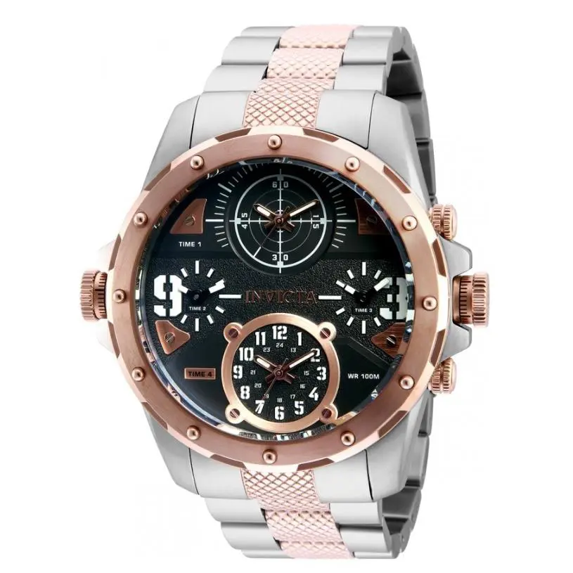Invicta Coalition Forces Men`s 4-Time Zones 50mm Rose Gold Stainless Watch 31149 - Dial: Gray, Pink, Rose Gold, Band: Silver, Rose Gold, Two-Tone, Bezel: Pink, Rose Gold