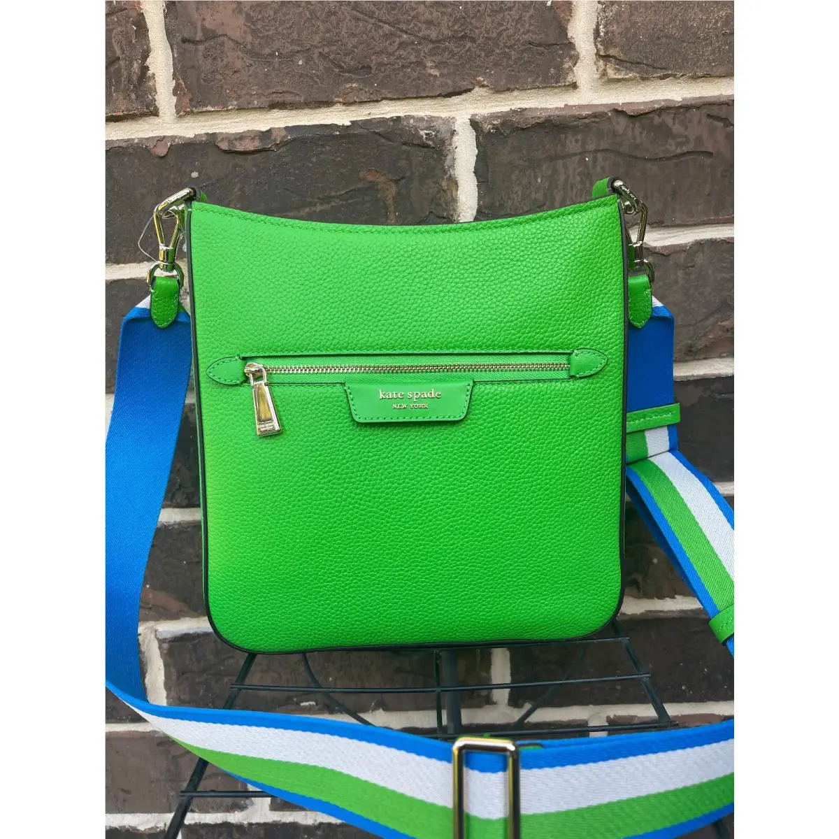 Kate Spade Hudson Sm Pebbled Lthr Messenger Crossbody Turf Green Multi