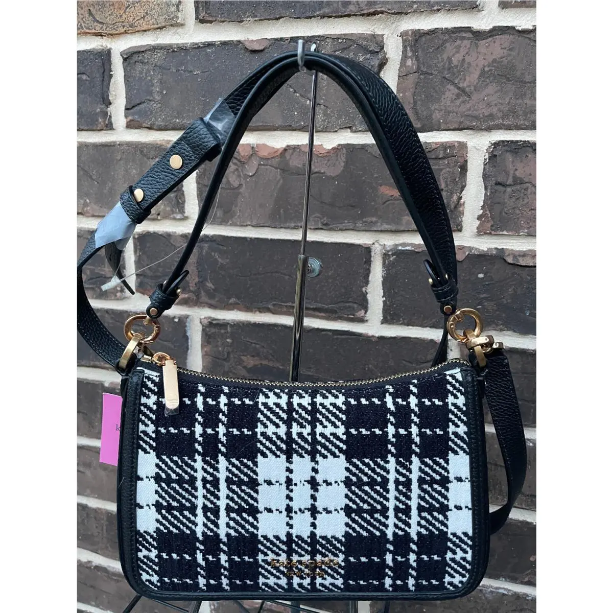 NWT$248 Kate Spade Hudson Jacquard Med Convertible Shoulder Bag Plaid Black Whit