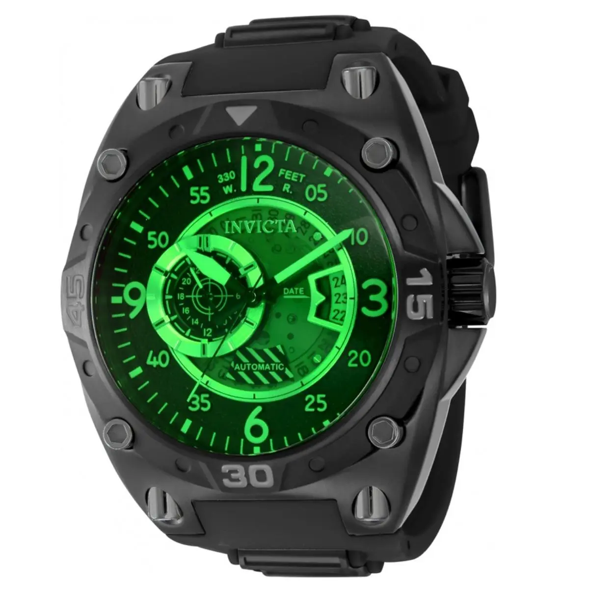 Invicta Aviator Auto Men`s 50mm Deep Radar Green Watch 40285 - Dial: Black, Green, Band: Black, Bezel: Black, Gray