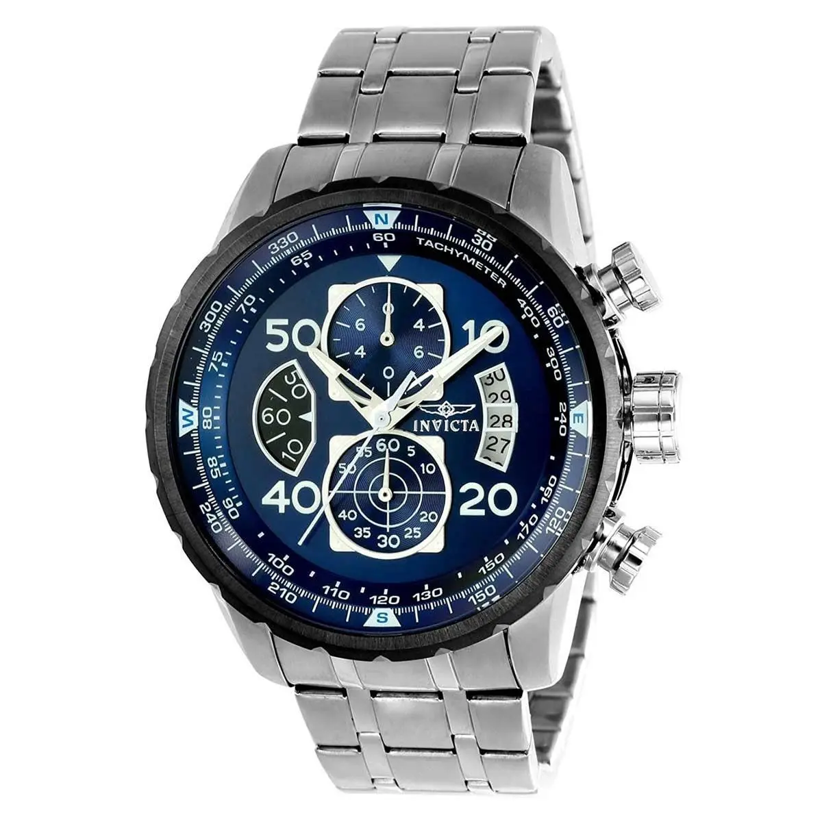 Invicta 22970 Men`s Chrono Steel Bracelet Blue Dial Compass Watch