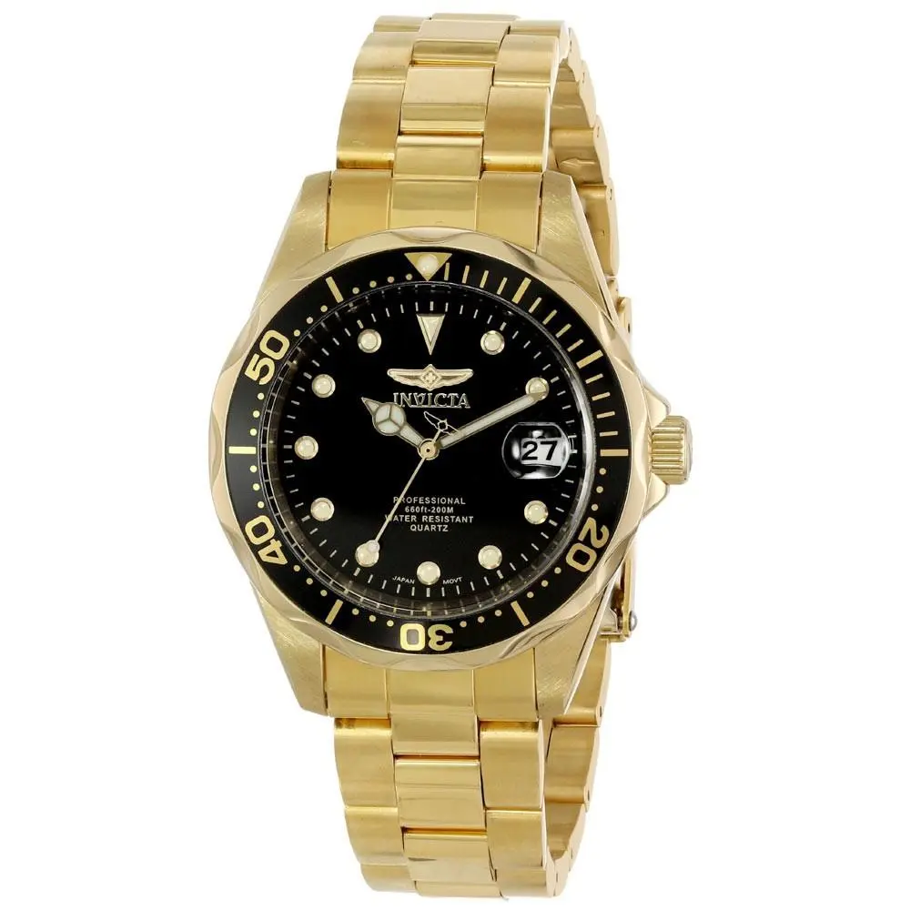 Invicta Men`s Watch Pro Diver Black Dial Yellow Gold Plated Steel Bracelet 17051