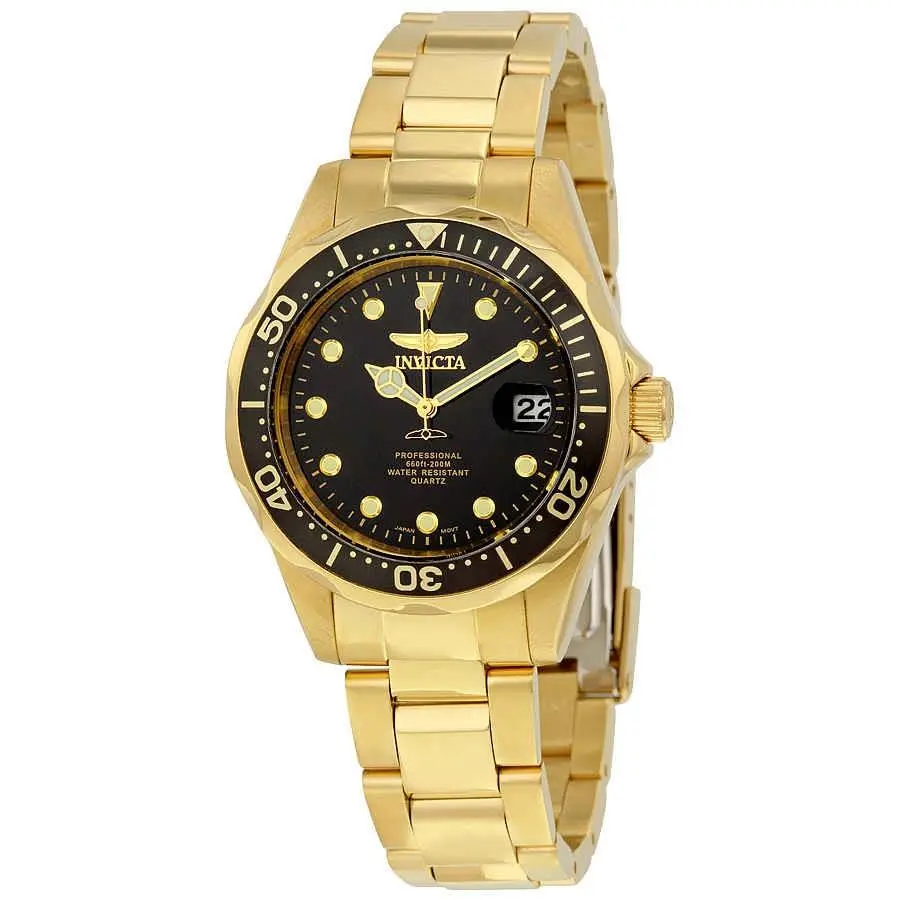 Invicta Pro Diver Black Dial Yellow Gold-plated Men`s Watch 17051 - Dial: Black, Band: Yellow Gold-plated, Bezel: Yellow Gold-plated