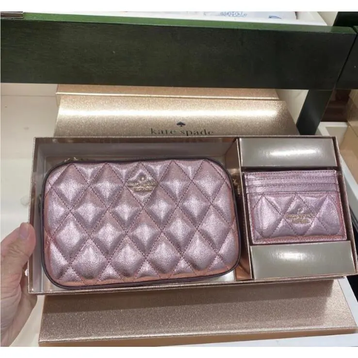 Glimmer Boxed Quilted Metallic Boxed Crossbody Set Mitten Pink by Kate Spade