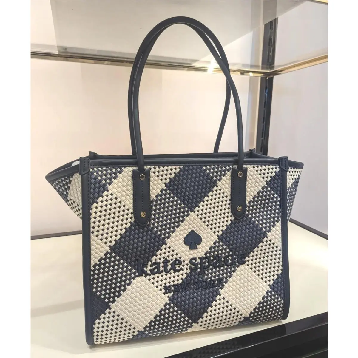 Kate Spade Ella Straw Gingham Large Tote Blazer Blue