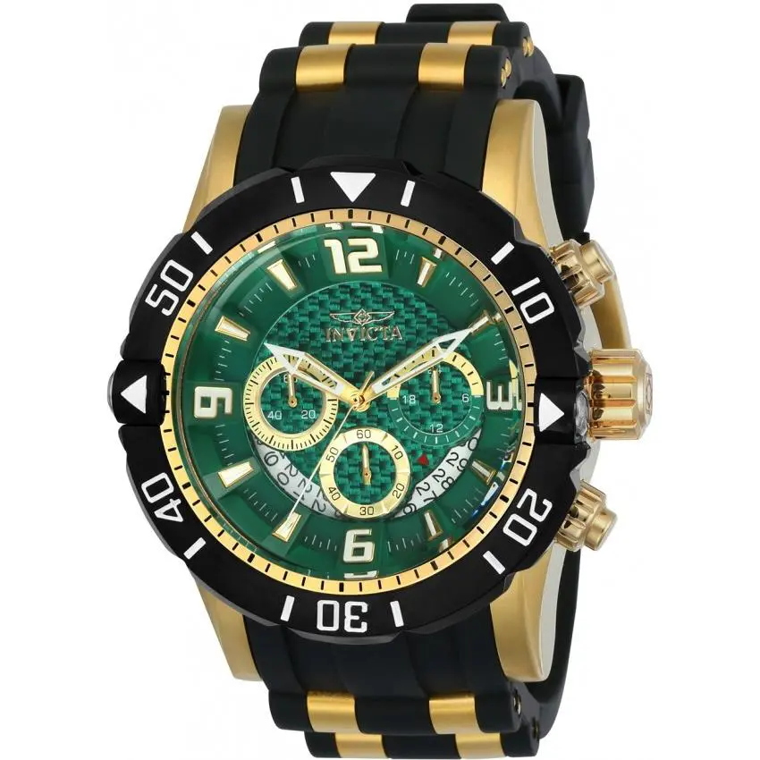 Mens Invicta 23703 Pro Diver Chronograph Green Dial Black Rubber Strap Watch