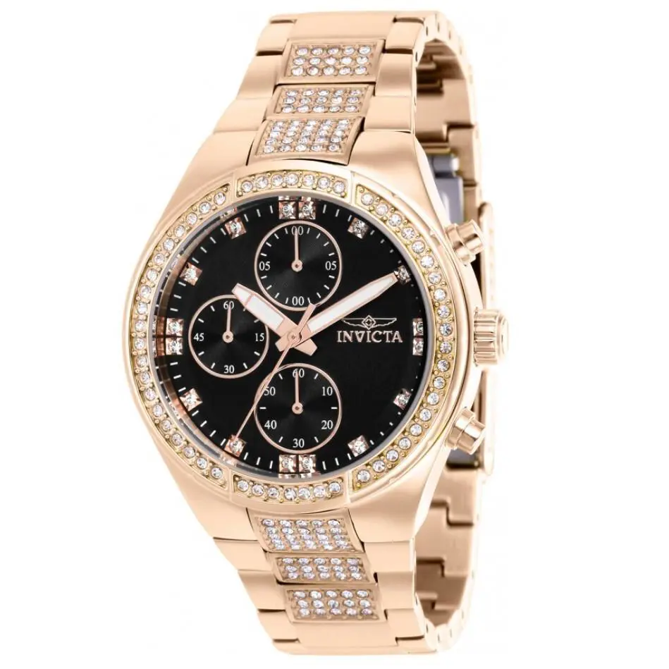 Invicta Specialty Lux Women`s 38mm Crystals Black Rose Gold Chrono Watch 38617 - Dial: Black, Rose Gold, Band: Pink, Rose gold, Bezel: Pink, Rose Gold, White
