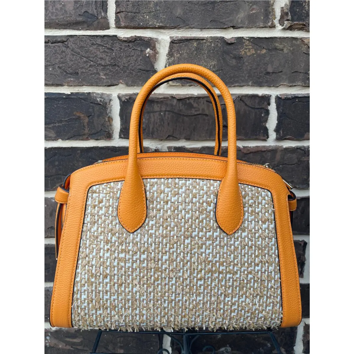 NWT$378 Kate Spade Knott Raffia Tweed Medium Satchel Sunset Blaze Orange Natural