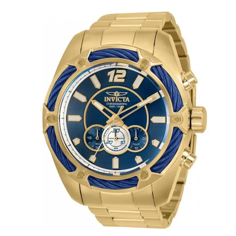 Invicta Bolt Mens 52mm Blue Dial Gold Bracelet Miyota Chronograph Movement 31477 - Face: Blue, Dial: Blue, Gold, White, Yellow, Band: Gold, Yellow