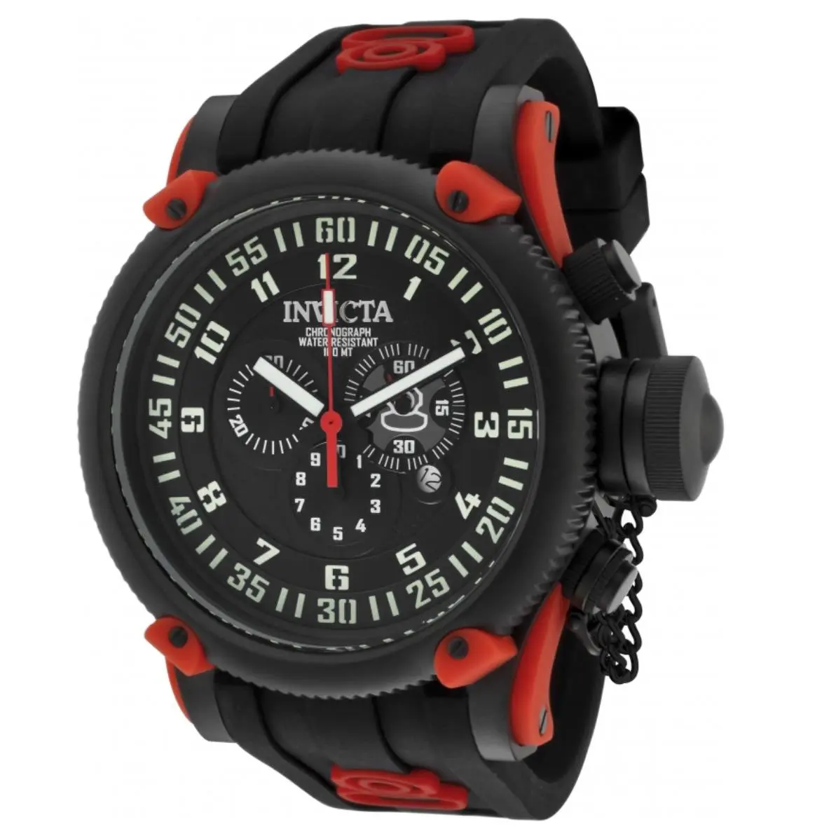 Invicta Russian Diver Red Black Men`s 52mm Swiss Chronograph Watch 10179 Rare - Dial: Black, White, Yellow, Band: Black, Bezel: Black
