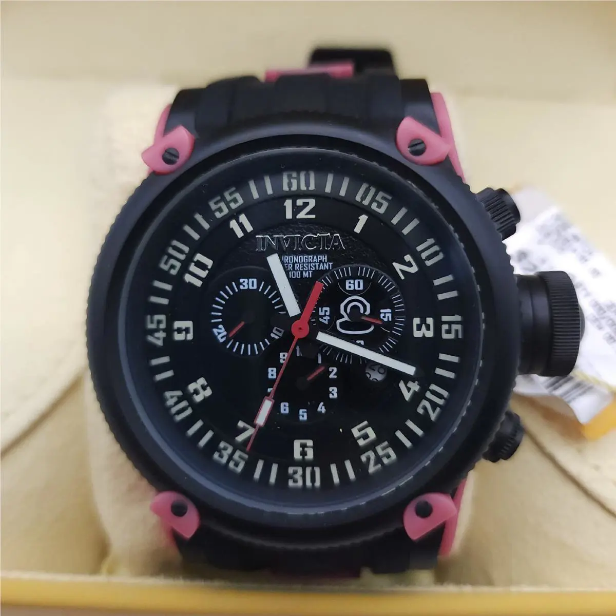 Invicta Men`s Watch 10179 Russian Diver Chronograph Black Pink Tone Rubber Strap